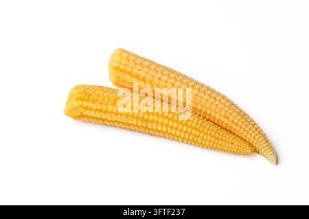 Two fresh baby corn cobs isolated on white background Stock Photo