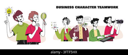 Vector team collaboration scenes showing business professionals working together on projects and presentations. Corporate meetings with modern flat design elements. Isolated partnership illustrations. Stock Vector