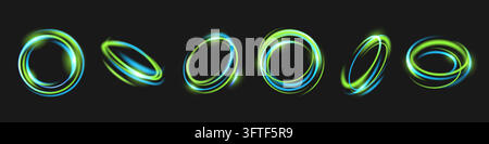 Glowing blue and green light rings with neon spiral trails create magical energy effects on black background. Vector round swirls set for futuristic speed designs and abstract energy illustrations. Stock Vector