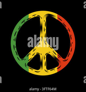 Сolor illustration with peace symbol in rasta flag colors. Isolated vector object on black background. Stock Vector