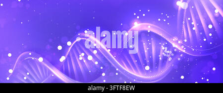 Medical DNA helix structure background with glowing particles. Purple science cell structure for biotechnology research, healthcare innovation and cosmetic product. Vector violet molecular graphic Stock Vector