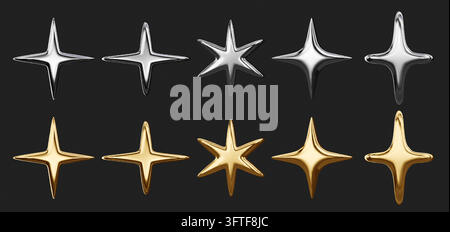 Silver and gold star set isolated on transparent background. Vector realistic illustration of abstract 3D sparkle shapes with liquid chrome texture, metallic Y2K design elements with shiny surface Stock Vector