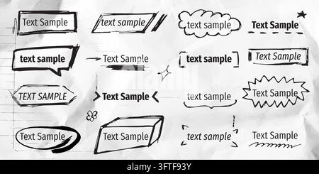 Hand-drawn frame collection with doodle borders, text boxes and handwriting elements. Black and white cute vector sketched designs for titles and highlights on crumpled paper. Decorative infographic. Stock Vector