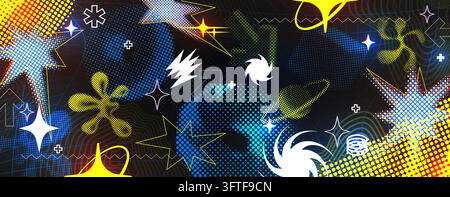 Y2K abstract background with geometric stars, halftone patterns and retro bitmap elements. Cyber futurism design with pixelated liquid shapes and 2000s digital aesthetic. Vector trendy space figuries. Stock Vector