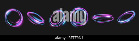 Glowing purple light rings with round blue neon trails for magical swirl effects on dark background. Vector bright spiral lines and sparkles in flare circle motion. Energy abstract ovals set. Stock Vector