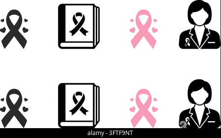 Awareness ribbon and medical icons vector set featuring books, hearts, and healthcare professionals Stock Vector