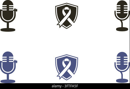 Microphone and shield awareness ribbon vector icon set in black and blue colors Stock Vector
