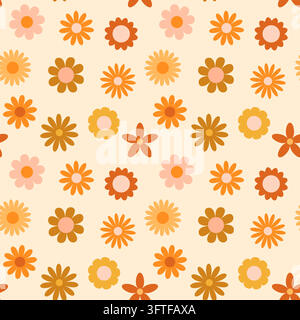 Cute simple autumn daisy flower vector seamless pattern, Geometric groovy floral background in brown, pink and orange colors for fall designs Stock Vector