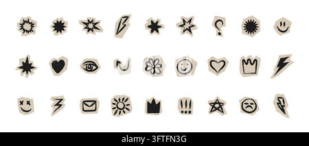 Scrapbook collage sticker and cutout element set paper elements featuring hand drawn brush and pencil textures scrapbook stars, lightning bolts, and Stock Vector