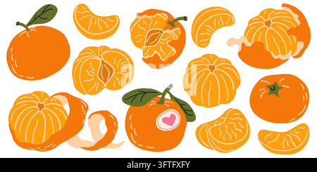 Tangerines hand drawn flat vector set for Christmas and winter holiday food packaging design Stock Vector