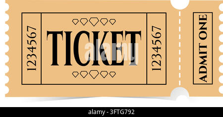 Ticket vector with Admit One text, diamond shapes and perforated edge, vintage cinema pass on isolated white background Stock Vector