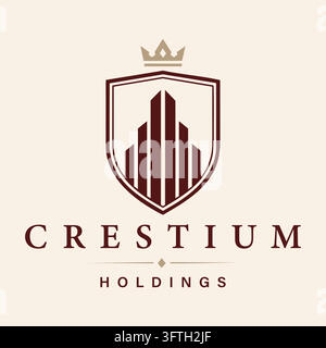 Elegant CRESTIUM Holdings logo with a crowned shield and geometric skyscrapers in burgundy and champagne gold, ideal for luxury property, investment. Stock Vector