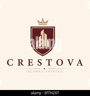 Luxury real estate logo featuring a crowned shield and elegant skyline emblem in burgundy and gold. Stock Vector