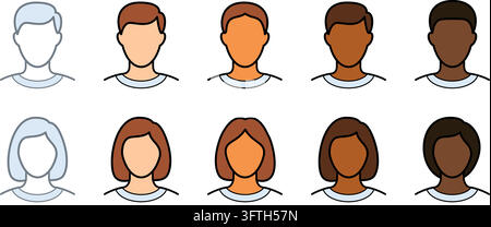 various races diverse simple generic anonymous human male female man woman head blank faces icon symbol set for profiles or avatars vector illustratio Stock Vector