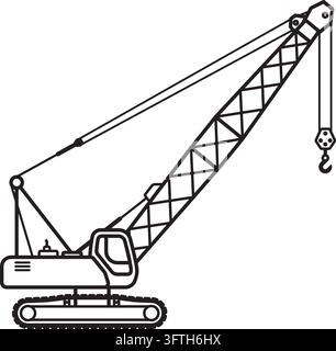 crawler crane construction vehicle simple line outline drawing side view icon symbol vector isolated on transparent background Stock Vector