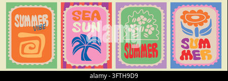 Summer vibe. Vector summer minimal art illustration of postage stamp with beach, flowers, wave, sea, sun, fruits for poster, card, background, invitat Stock Vector