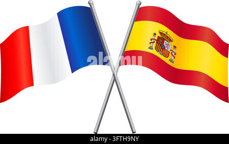 spain and france flags in relationship alliance or versus crossed vector isolated on transparent background Stock Vector