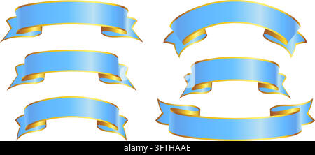 elegant stylish simple wide light blue with gold trim ribbon banner flowing scroll blank set vector on transparent background Stock Vector