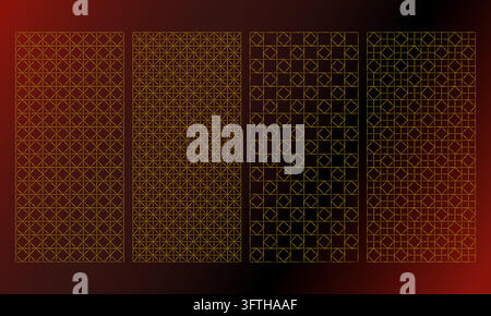 Gold thin metallic lines, seamless patterns pannels backgrounds Stock Vector