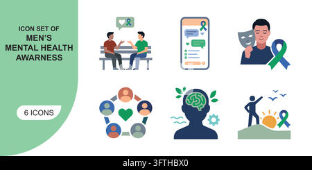 Men's Mental Health Awareness Vector Icon Set Featuring Support, Recovery, and Emotional Well-being Concepts on white background isolated Stock Vector