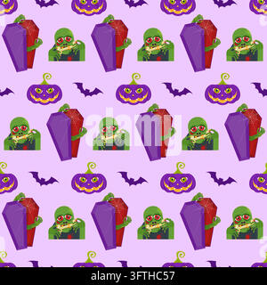 Lilac Halloween seamless pattern with zombie, purple coffins and pumpkins Stock Vector