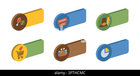 Isometric Thanksgiving And Shopping Vector Button Set on white background isolated Stock Vector