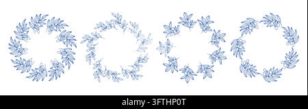 Blue olive branches circle frame set. Circular frames with branches. Hand drawn collection of olive leaves and decorative elements. Perfect for weddin Stock Vector