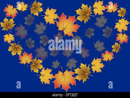 Autumn heart shape pattern with maple leaves on a dark blue background Stock Vector