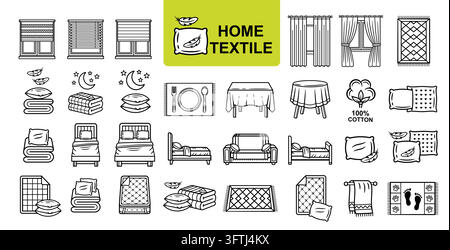 Home bedding textile, bedroom furniture, bed linen sheet. Pillow blanket, mattress, sofa. Bedclothes fabric, tablecloth. House window curtain icon set Stock Vector