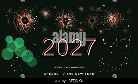Vector Illustration of a New Year 2027 Greeting Card Design Featuring Colorful Fireworks and Glowing Green Bokeh Circles Against a Dark Background Stock Vector