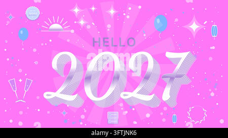 Pink Vector Illustration Featuring Hello 2027 Typography with Festive Elements Balloons Stars and Confetti in Bright Colourful Design Style Stock Vector