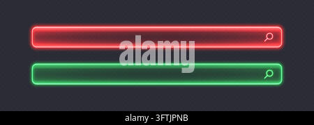 Neon glass search bar, glowing red and green magnifying glass button forms Stock Vector