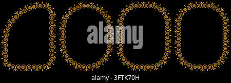A collection of four elegant golden frames featuring intricate swirl and scroll patterns, isolated on a black background for versatile design use. Stock Vector