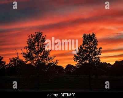 Vibrant fiery red and orange sunset clouds glowing over silhouetted trees in a dramatic twilight sky Stock Photo