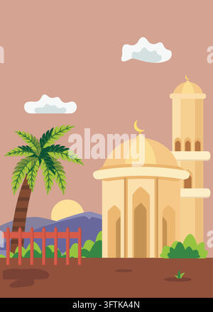 Vector illustration of a golden Islamic mosque with minaret dome, palm tree, wooden fence, and sunset over mountains for Ramadan or Eid background. Stock Vector