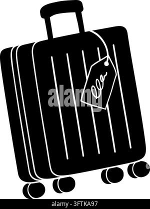 Black rolling suitcase silhouette with telescopic handle, four wheels and hanging luggage tag, ideal for travel, baggage, tourism and airport transpor Stock Vector