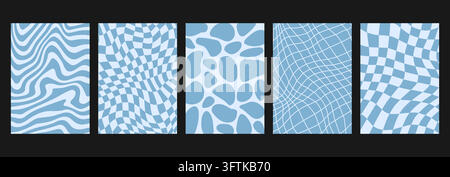 Blue trippy psychedelic pool poster template. Retro distorted checkered, blob and wave background set. Wavy groovy checkerboard tile surface. Abstract water pattern collection. Vector backdrops Stock Vector