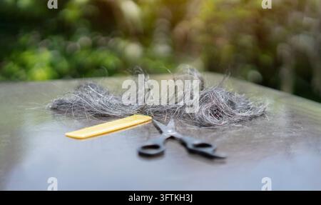 Hairdresser's scissors with yellow comb and strand of blonde hair on black table outdoor with nature background. Selective focus. Stock Photo