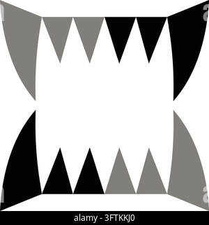 Flat illustration of an open rectangular predator mouth filled with large alternating black gray and white triangular teeth Stock Vector