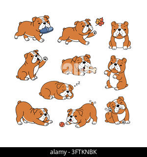 Cute bulldog puppy vector sticker set. Playful joyful purebred dog cartoon mascot. Kids clothing pet care design. Stock Vector