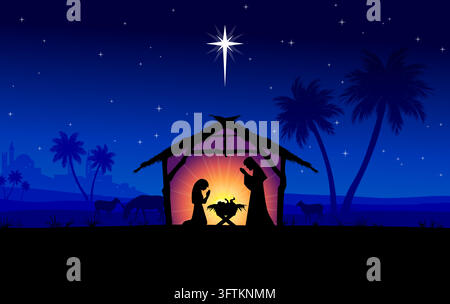 classic christmas nativity birth of jesus christ in stable with star blue night scene vector illustration Stock Vector