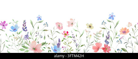 Watercolor Wildflower Seamless Border. Spring Meadow Field Flowers Bottom Frame Template Isolated on White Background Vector EPS Stock Vector