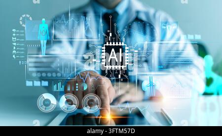 Person interacts with futuristic AI interface, surrounded by glowing data visualizations. Hand touches holographic display showing human figure, chart Stock Photo