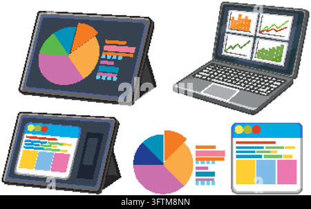 Professional vector illustration of digital devices displaying colorful financial charts, graphs, and data analytics interfaces. Stock Vector