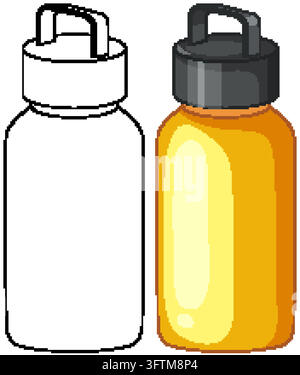 A reusable plastic water bottle shown in both a colored version and black line art. Stock Vector