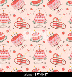 Seamless pattern featuring festive cakes and strawberry desserts in a coquette style. A cute background with festive cakes for a birthday, party, or wedding. Packaging, banners, festive textile Stock Vector