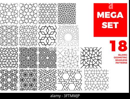 Mega set of eighteen Islamic geometric seamless line patterns with arabesque tiles in black outline on white Stock Vector