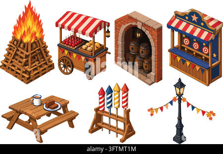 Guy Fawkes Bonfire Night Isometric Icon Set with Fireworks, Fire, and Carnival Booths Stock Vector