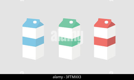 Set of 3 milk carton box vector illustrations. Flat color graphic silhouette icons of dairy paper packaging Stock Vector