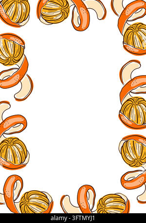 Mandarin oranges and peel in border pattern. Christmas citrus decor and festive holiday design. Flat style illustration with central copy space Stock Vector